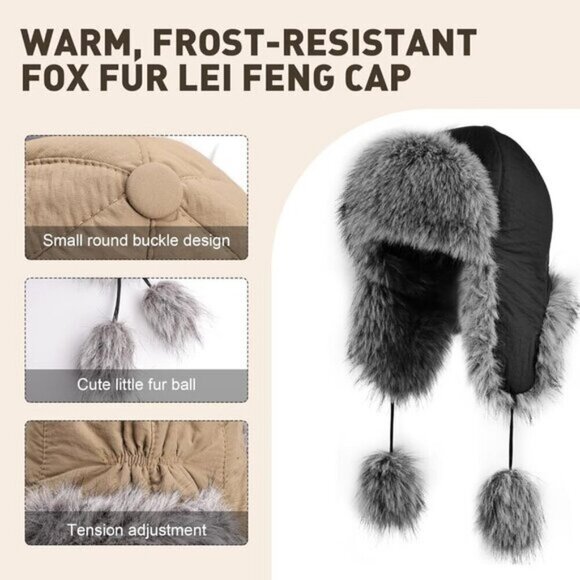⚡Women Green Faux Fur Trapper Pompoms Warm Classic Ear Flaps Fuzzy Bobble Cap main image 5